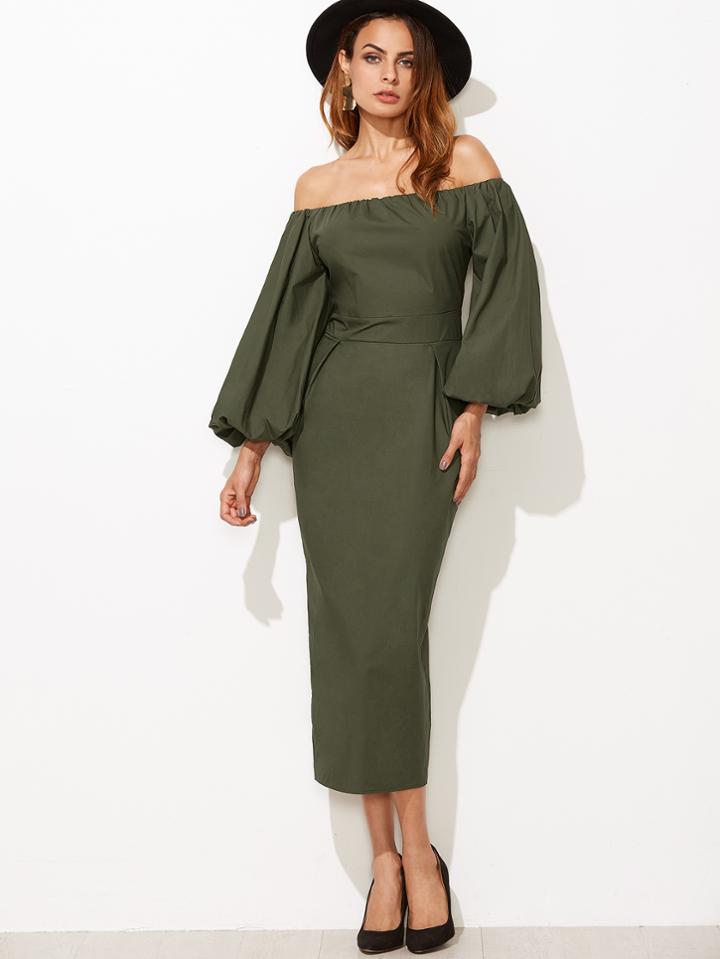 Shein Olive Green Off The Shoulder Lantern Sleeve Slit Back Pencil Dress