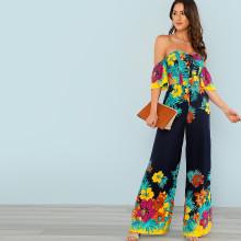 Shein Flounce Layered Knotted Back Flare Hem Jumpsuit