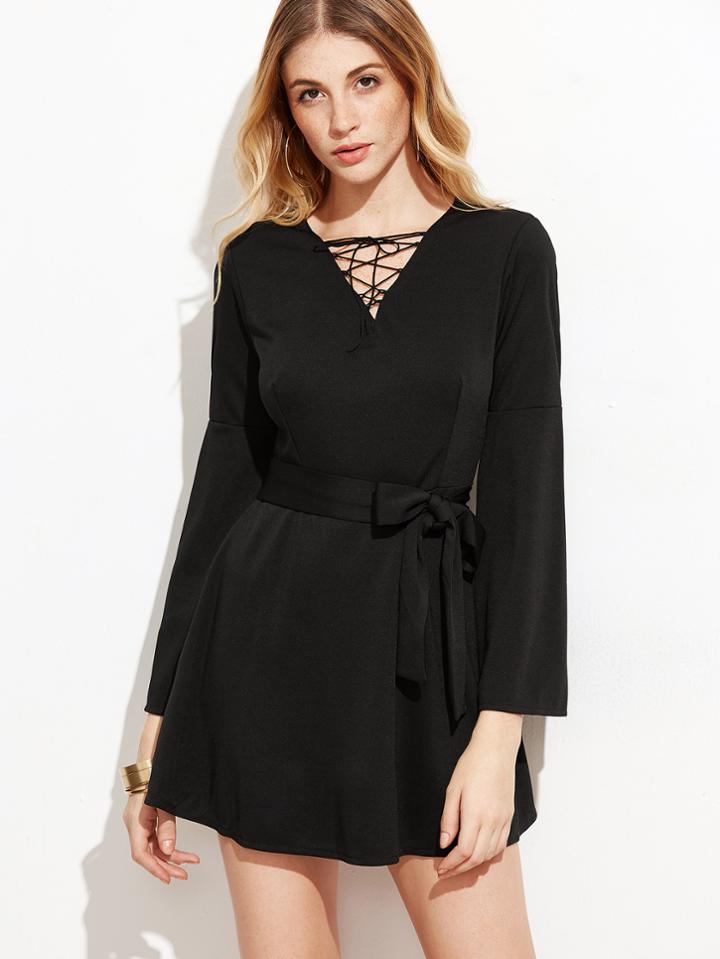 Shein Black V Neck Bell Sleeve Lace Up Dress