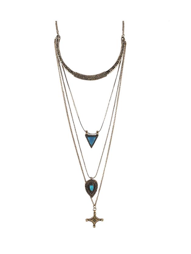 Shein Antique Gold Indian Design Multilayers Imitation Turquoise Long Chain Necklace