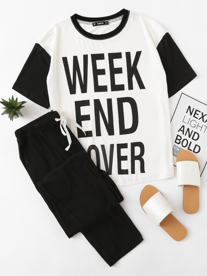 Shein Contrast Sleeve Graphic Tee & Pants Pj Set