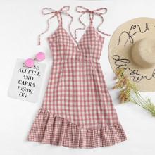 Shein Knot Shoulder Ruffle Hem Checked Cami Dress