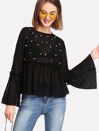 Shein Pearl Embellished Semi Sheer Frilled Smock Top