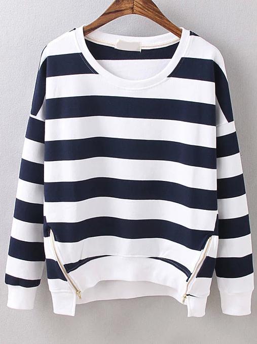 Shein Dropped Shoulder Seam Striped Zipper Navy Sweatshirt