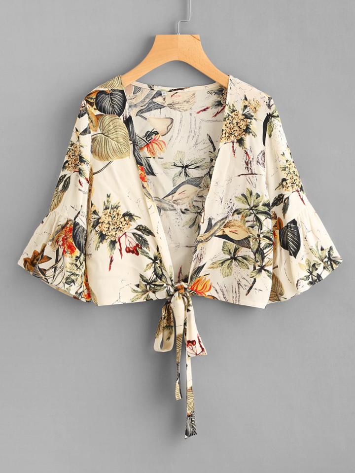 Shein Tropical Print Flute Sleeve Tie Front Top