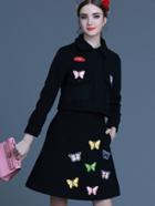 Shein Black Lapel Long Sleeve Embroidered Pockets Dress