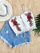 Shein Rose Embroidered Patch Lace Up Lace Hem Top