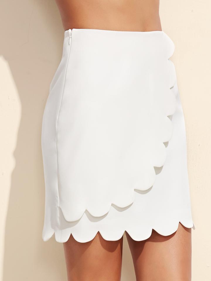 Shein White Zipper Side Scalloped Hem Skirt