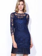 Shein Navy Round Neck Length Sleeve Contrast Gauze Embroidered Dress