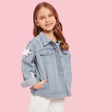 Shein Girls Appliques & Embroidery Detail Denim Jacket