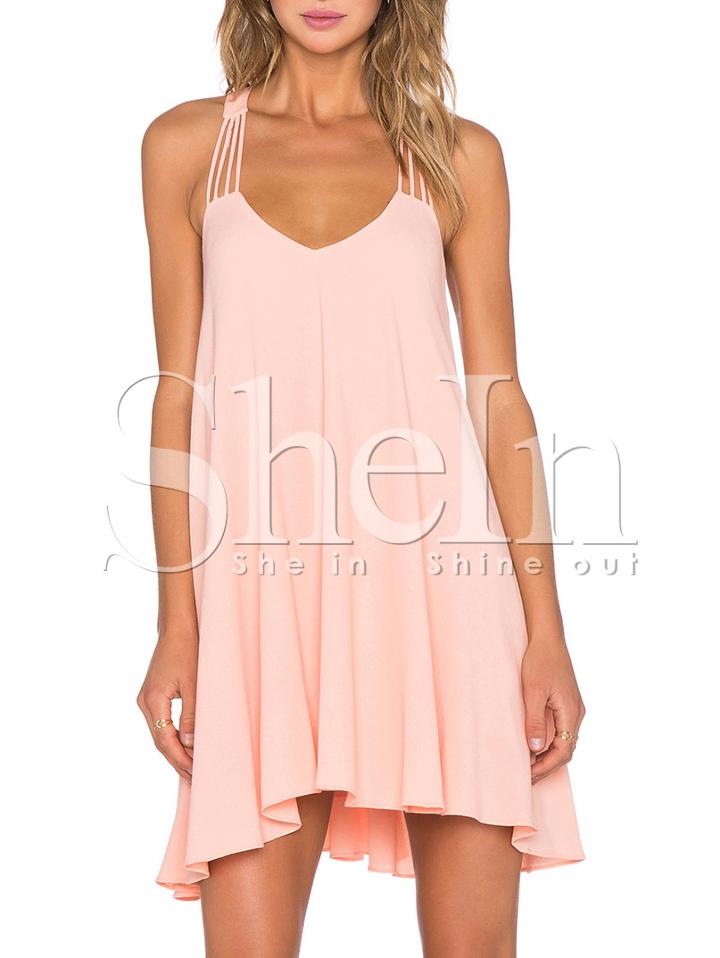 Shein Pink Sleeveless Backless Pleated Dress