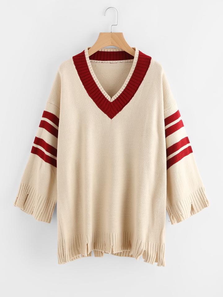 Shein Contrast Stripe Panel Drop Shoulder Destroyed Sweater