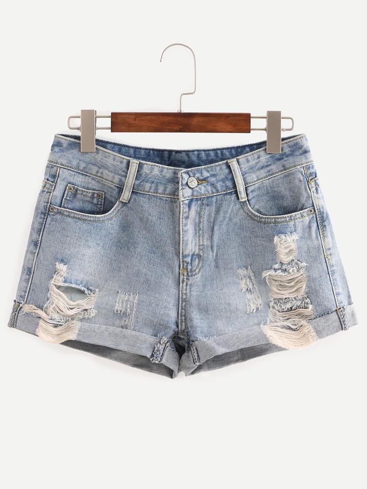 Shein Frayed Rolled Hem Light Blue Denim Shorts