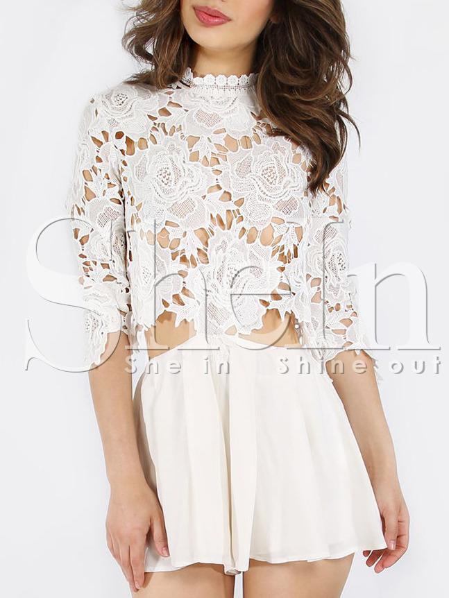Shein White Crochet Top Zipper Back Jumpsuit