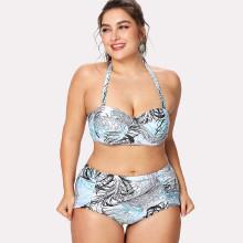 Shein Plus Leaf Print Halter Bikini Set