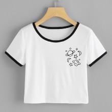 Shein Planet Print Contrast Trim Crop Tee