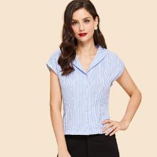 Shein Shawl Collar Cuffed Armhole Striped Blouse