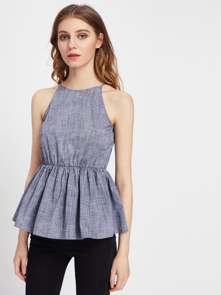 Shein Keyhole Back Linen Look Racer Peplum Cami Top