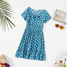 Shein Girls Bow Detail Polka Dot Flounce Hem Dress