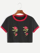 Shein Black Embroidered Flower Applique Crop Ringer T-shirt