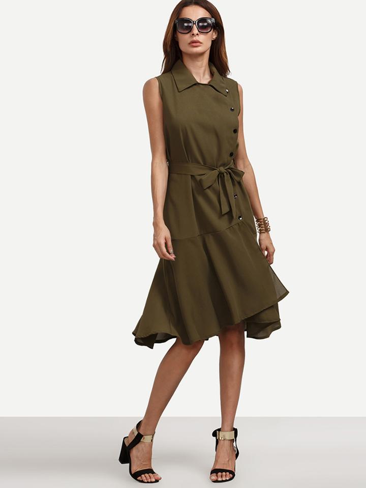 Shein Olive Green Self Tie Side Button Ruffled Dress