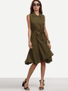 Shein Olive Green Self Tie Side Button Ruffled Dress