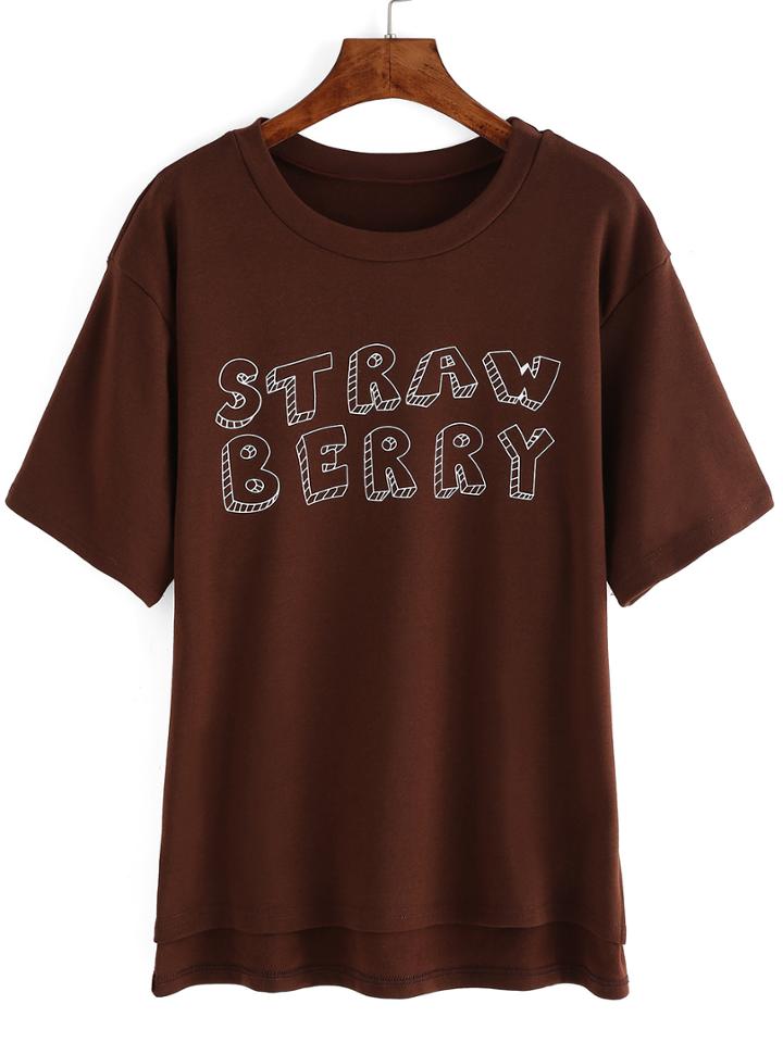 Shein Khaki Dip Hem Letter Print T-shirt