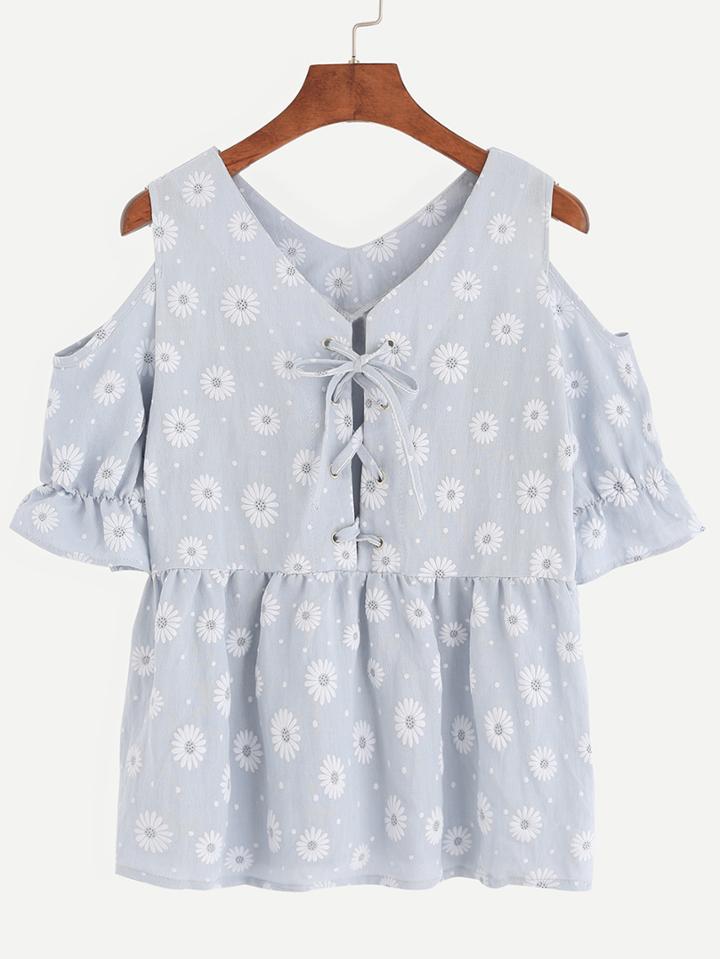 Shein Light Blue Open Shoulder Daisy Print Lace Up Top