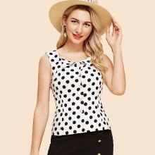 Shein Fold Down Lapel Polka Dot Fitted Blouse