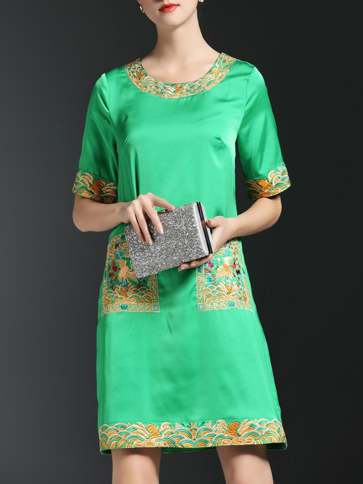 Shein Green Vintage Embroidered Shift Dress