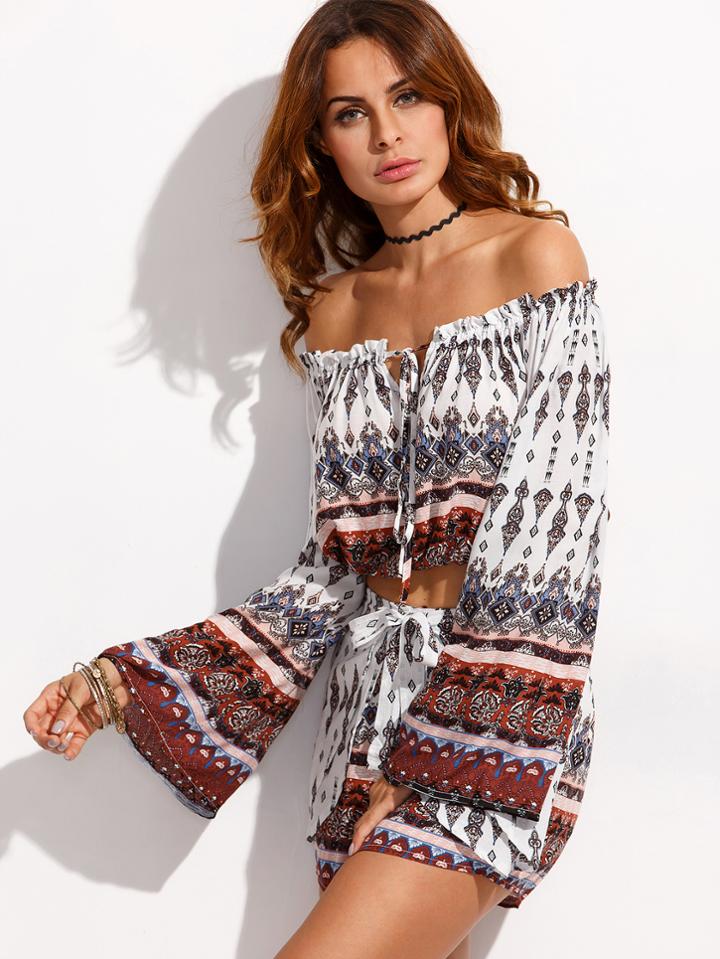 Shein White Ornate Print Off The Shoulder Top With Wrap Shorts