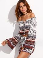 Shein White Ornate Print Off The Shoulder Top With Wrap Shorts