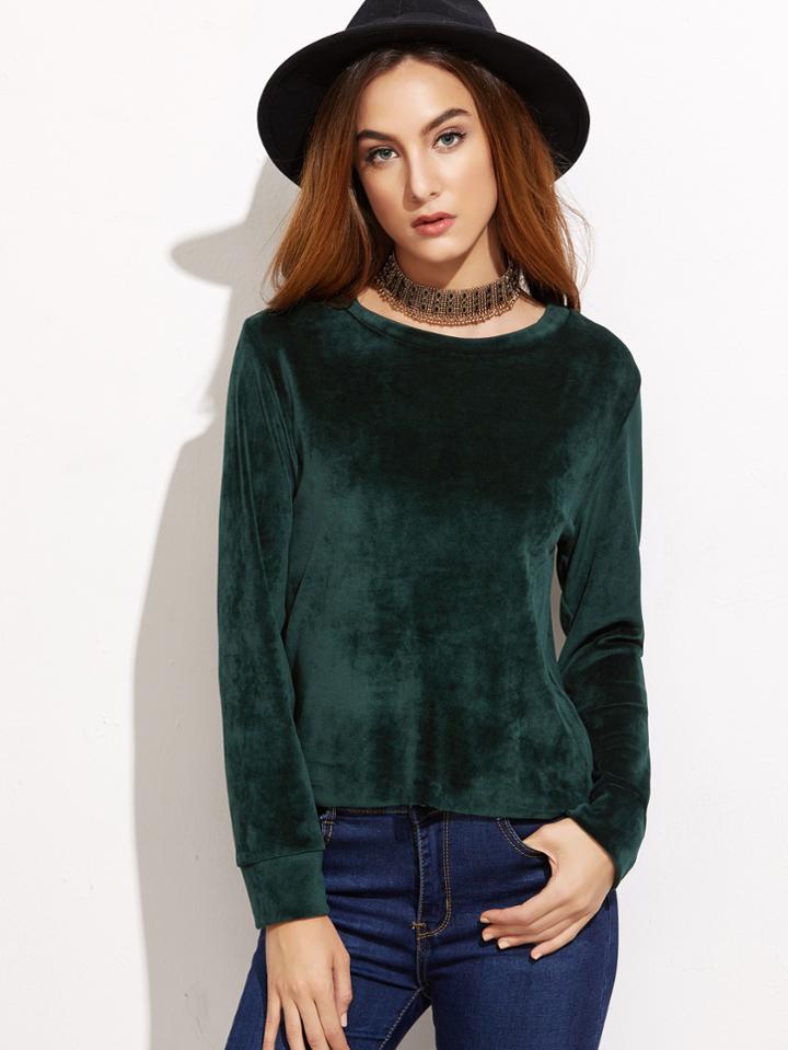 Shein Dark Green Round Neck Velvet Blouse