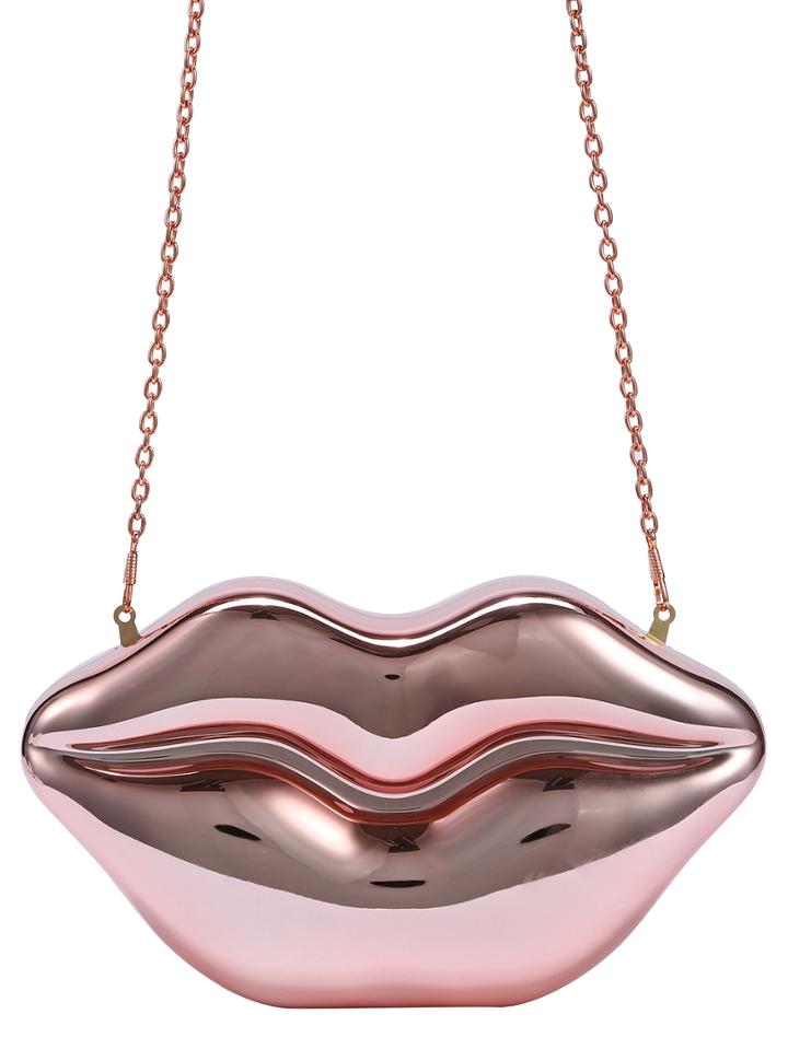 Shein Metallic Rose Gold Lip Clutch With Chain