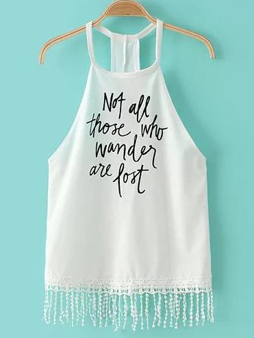 Shein White Halter Letter Printed Top