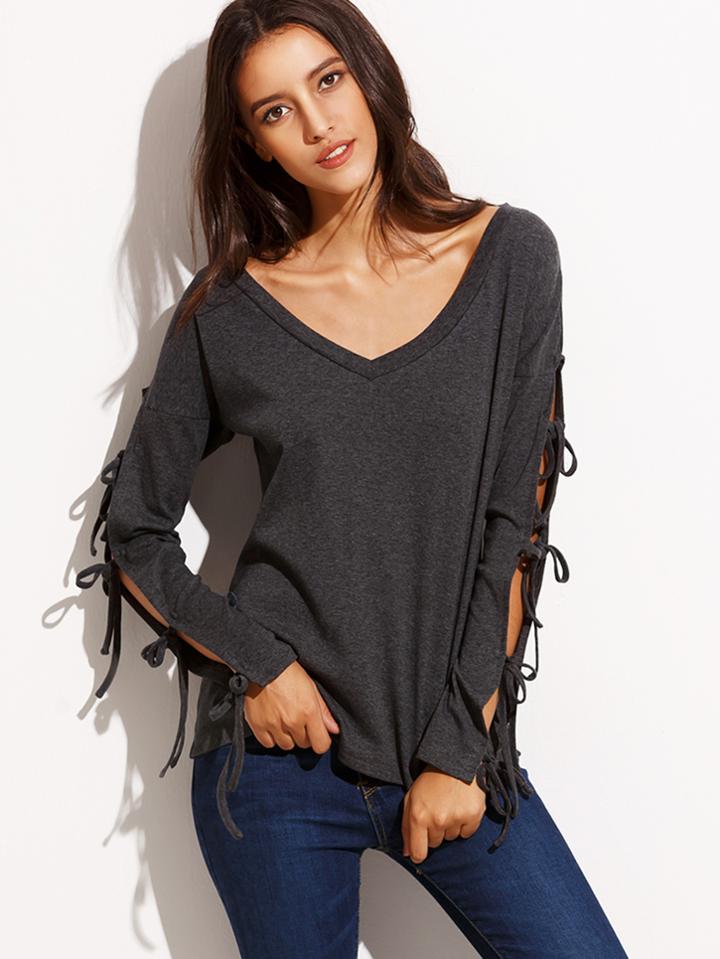 Shein Dark Grey V Neck Tie Long Sleeve T-shirt