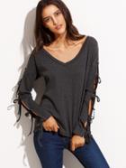 Shein Dark Grey V Neck Tie Long Sleeve T-shirt