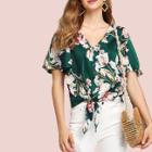 Shein Button Up Flounce Sleeve Knot Floral Blouse