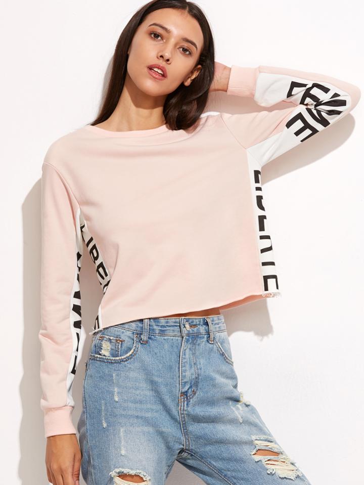 Shein Contrast Letter Print Panel Crop Sweatshirt