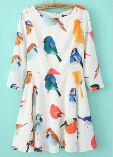 Rosewe Cute Bird Print Three Quarter Sleeve Chiffon Mini Dress