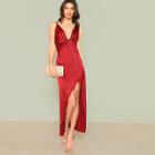 Shein Plunge Neck Gathered Front Open Back Satin Dress