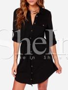 Shein Black Long Sleeve Waistband V Neck With Button Dress