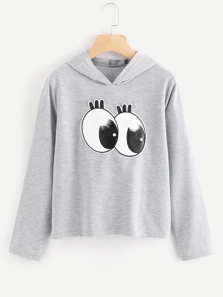 Shein Eyes Patch Faux Fur Detail Marled Hoodie