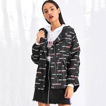Shein Drawstring Detail Letter Print Hoodie Coat