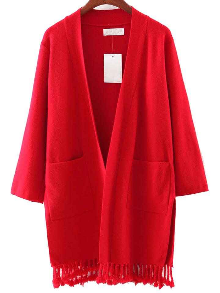 Shein Red Pocket Tassel Cardigan