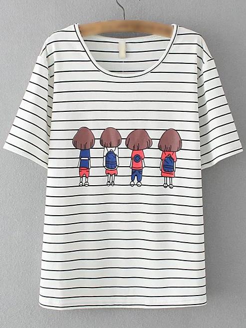 Shein White Stripe Short Sleeve Girls Printed T-shirt