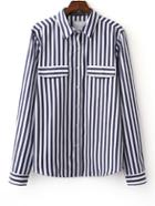 Shein Navy Long Sleeve Stripe Lapel Buttons Front Blouse