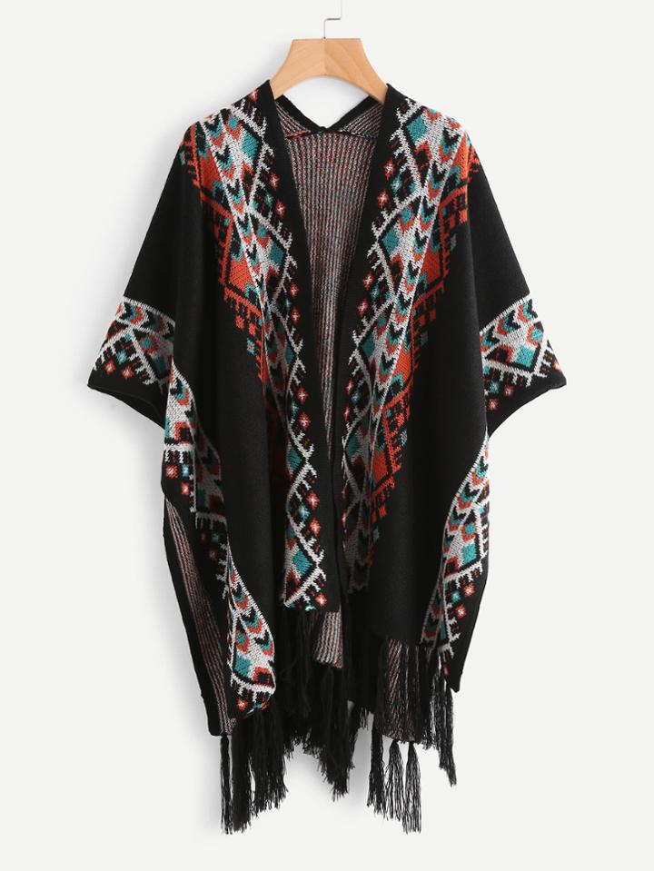 Shein Aztec Pattern Fringe Hem Poncho Cardigan