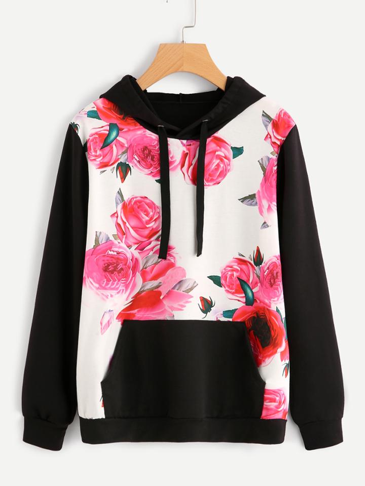 Shein Contrast Floral Print Hoodie