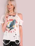 Shein Distressed Wild & Free World Graphic Grunge T-shirt Ivory